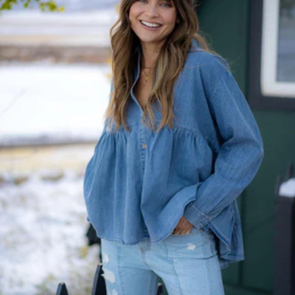 3 Bird Nest Denim Peplum Button Up Top